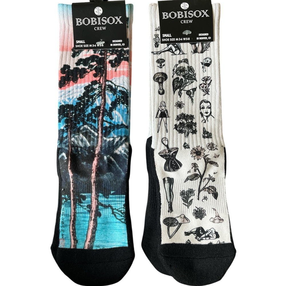 2 pairs Bobisox Athletic crew socks bundle art print floral mountains